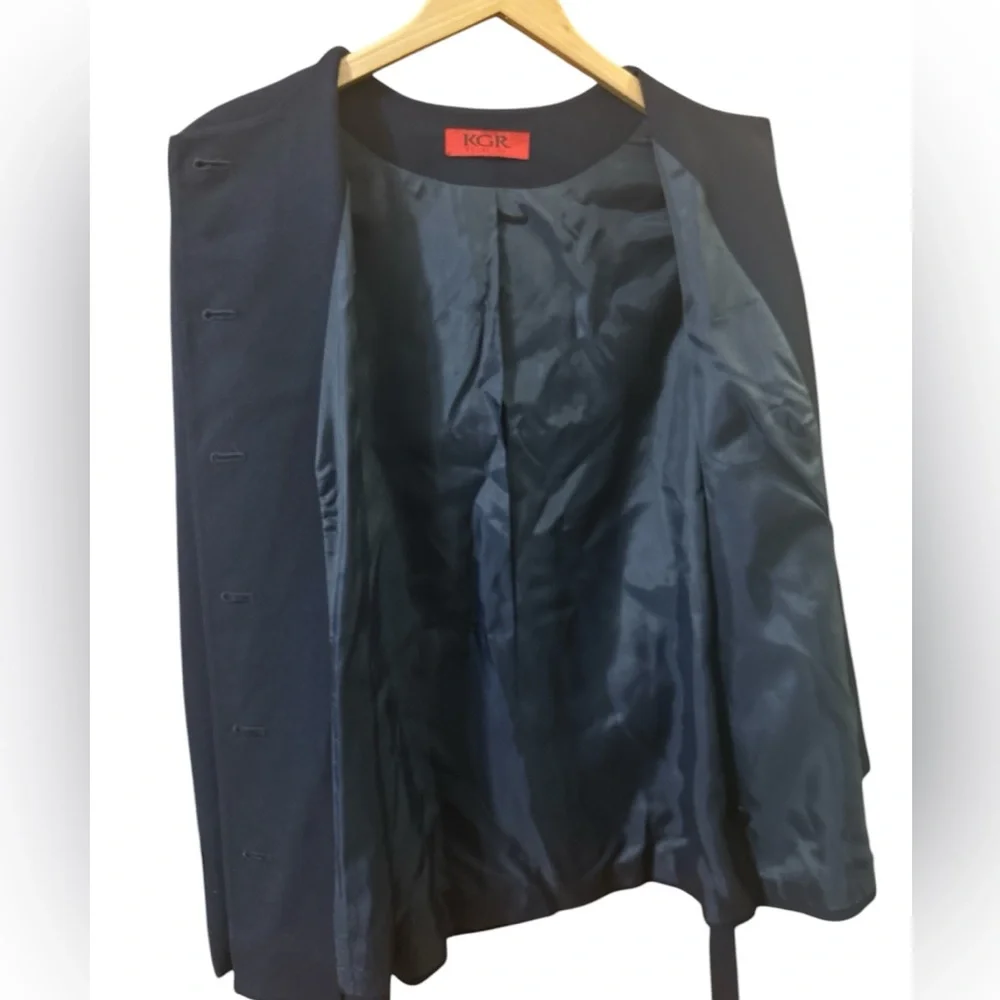 KGR Collections Navy Blue Wool Blend Belted Blazer Jacket Size 12